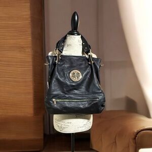 Black Faux Leather Tote with Tree of Life Emblem